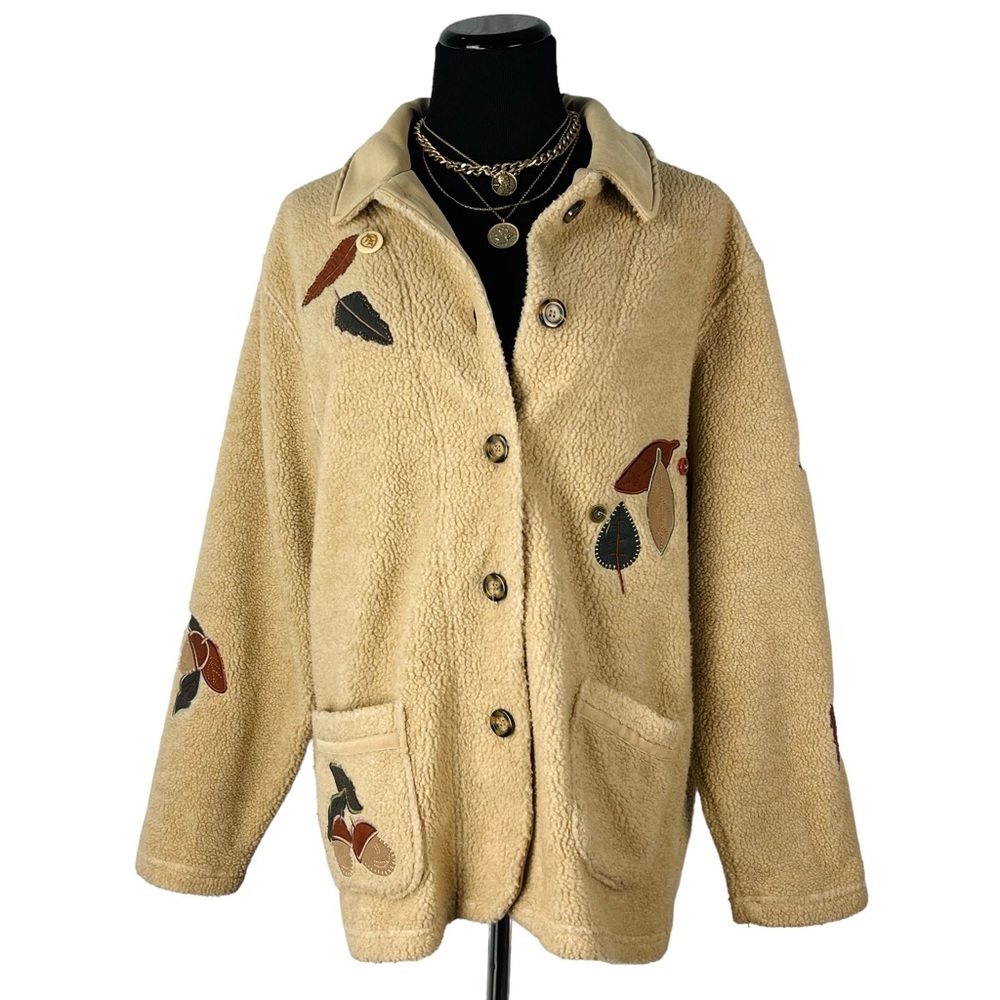 Vintage TEDDI Jacket 90s Embroidered Fall Leaf Shacket Tan Size Large